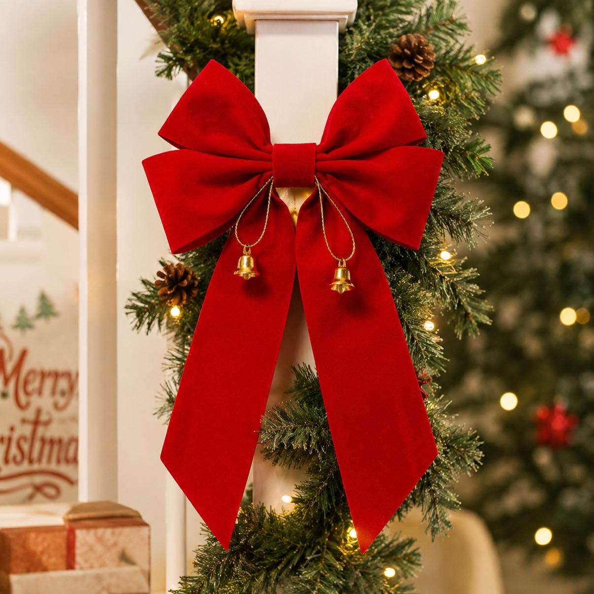 Luxury Red Velvet Polyester Bow Bell Xmas Decor