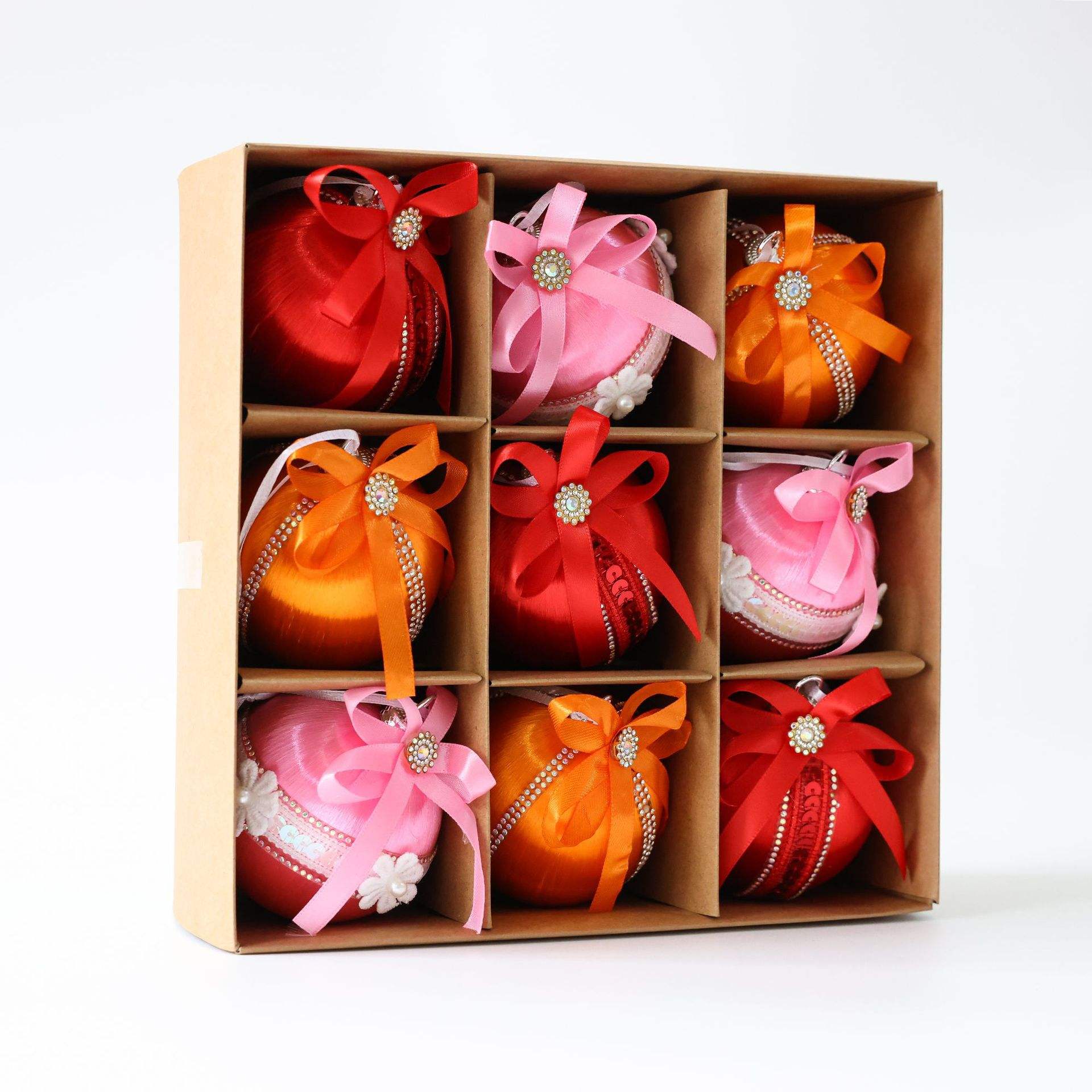 9Pcs 8cm Red Christmas Balls Diamond Ribbon Bow