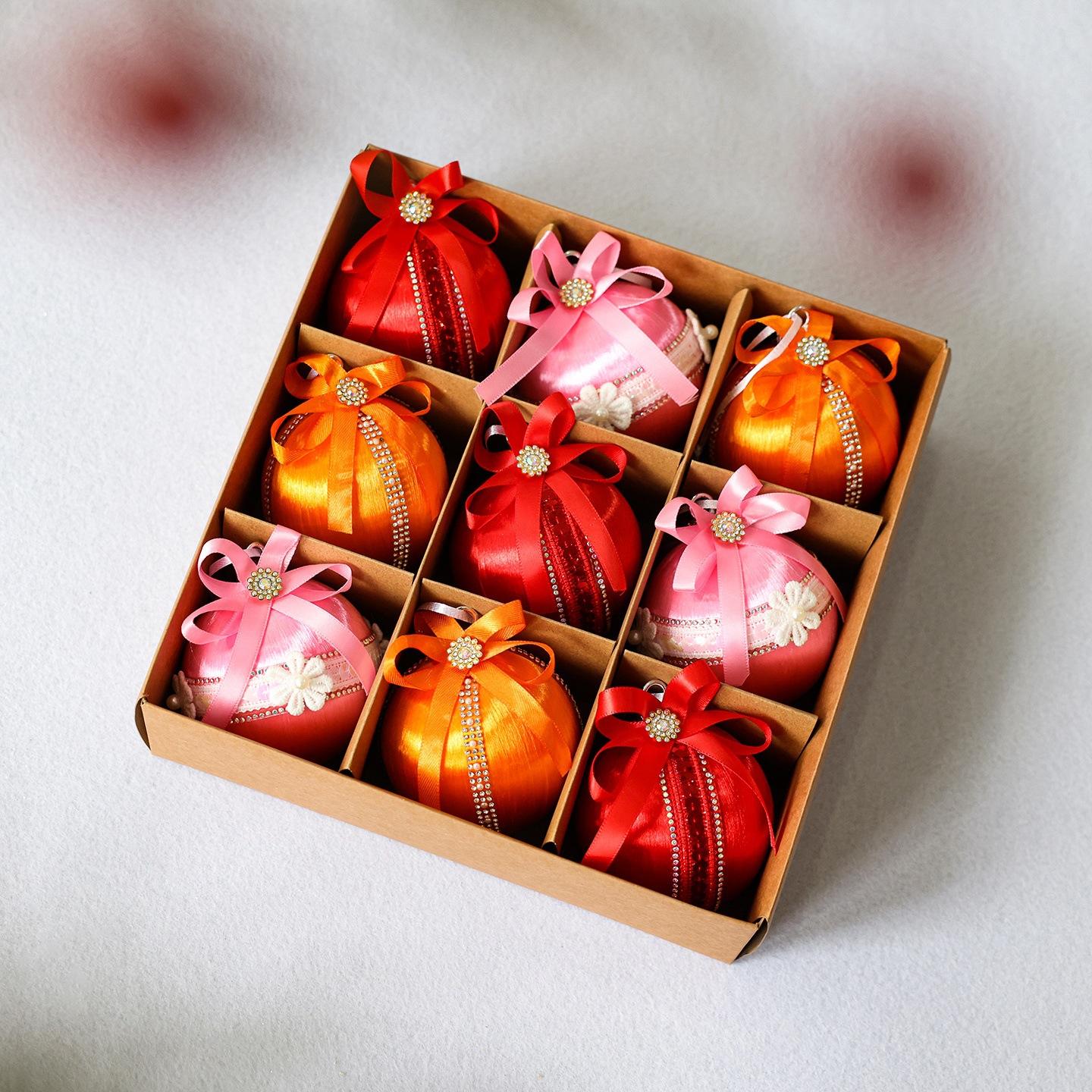 9Pcs 8cm Red Christmas Balls Diamond Ribbon Bow