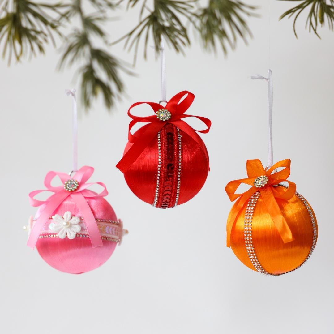 9Pcs 8cm Red Christmas Balls Diamond Ribbon Bow