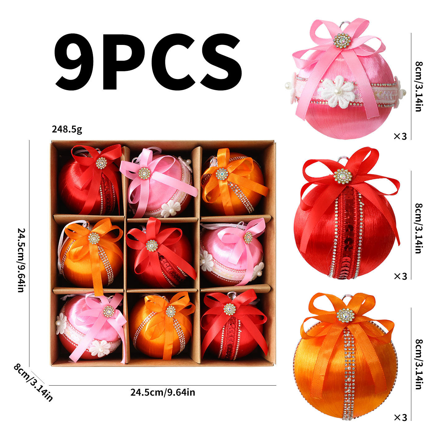 9Pcs 8cm Red Christmas Balls Diamond Ribbon Bow