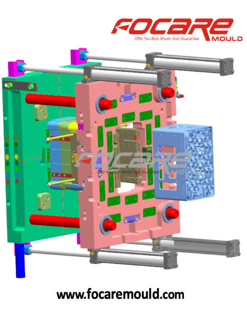 3D plastic crate mold design with four side sliders