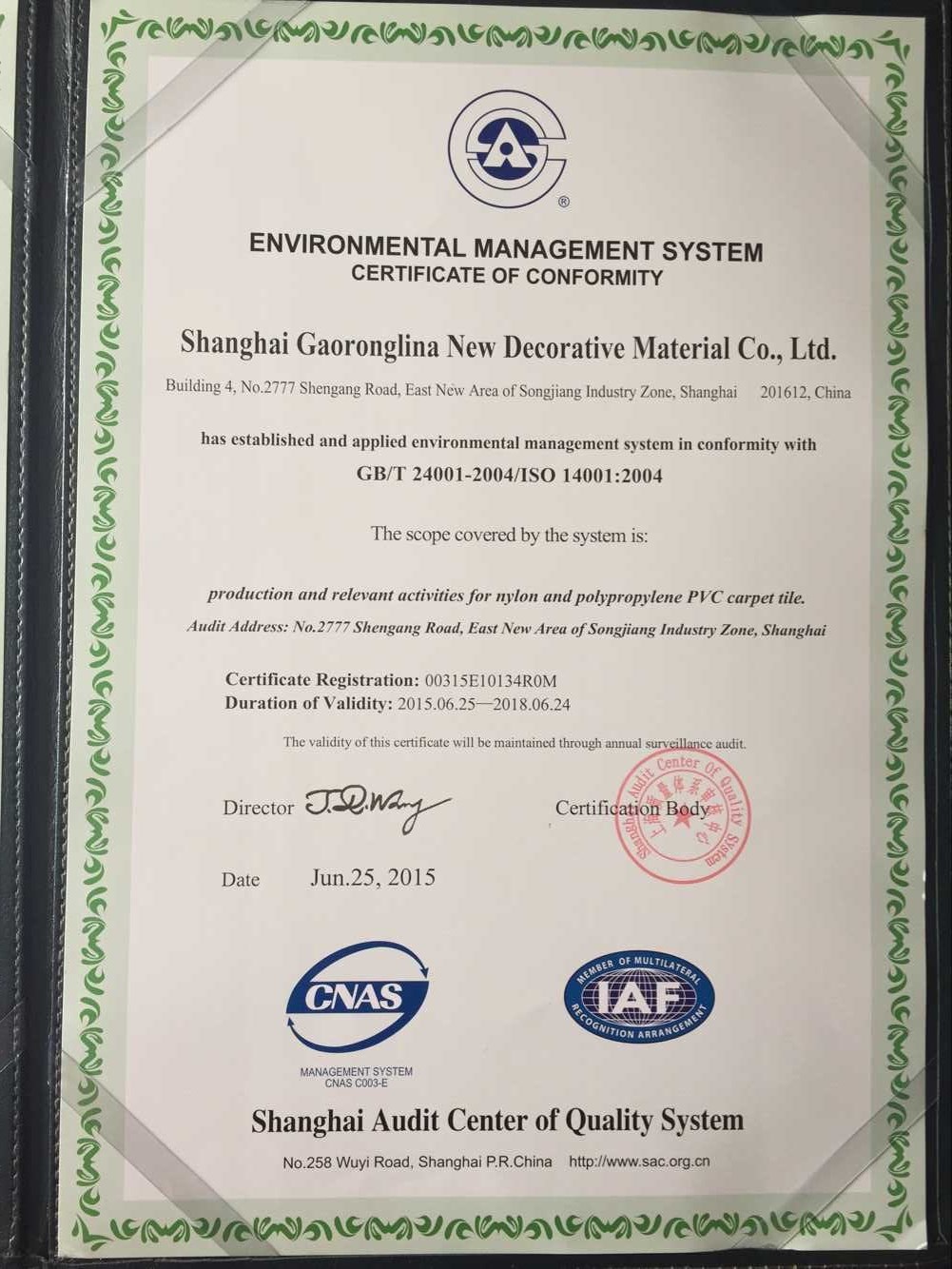 Certificat of ISO14001