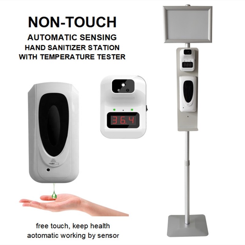 sanitizer dispenser station with poster frame temperature scanner