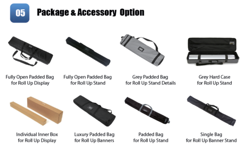 Package and accessory option for roll up banner stand