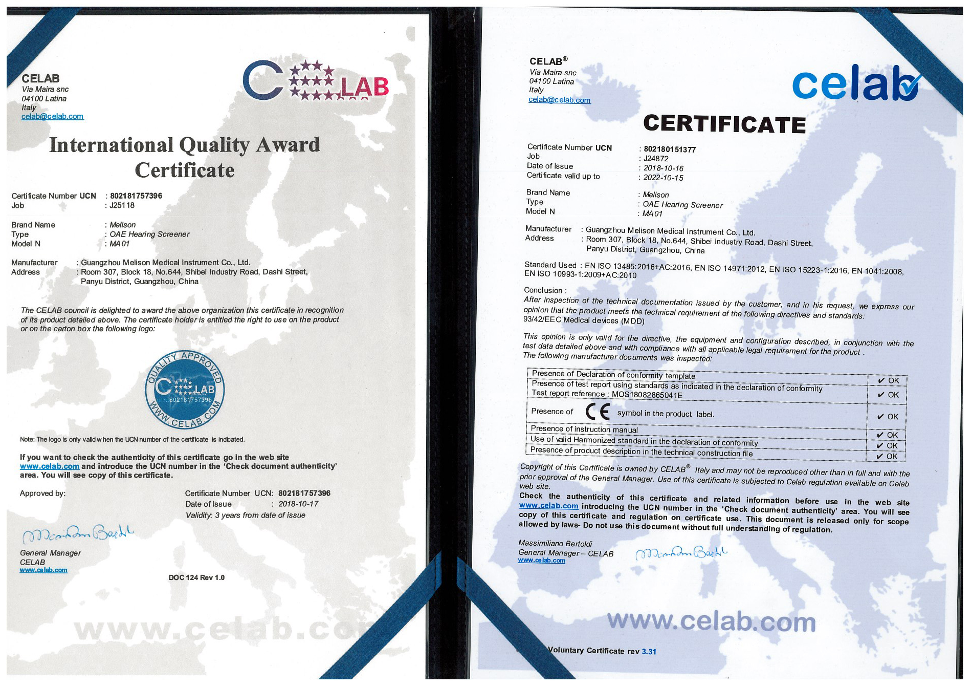 CE Certificate for OAE Hearing Screener