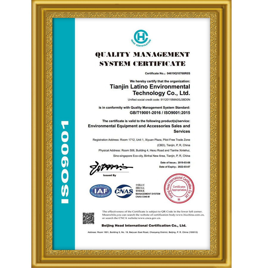 The International Organization for Standardization Certificate 9001-Quality Management System Certificate issued by Beijing Head International Cerfication CO.,LTD. to Tianjin Latino